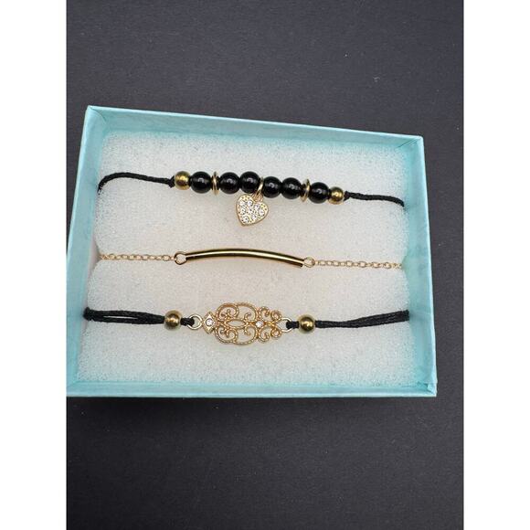 NIB 3 Stylish Bracelets or Anklets Black & Gold - Picture 2 of 8